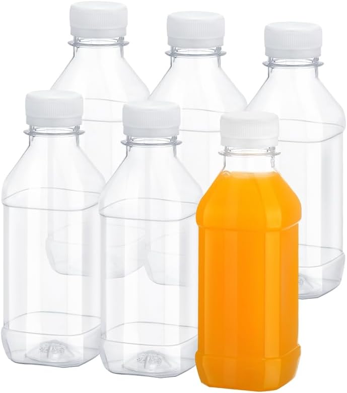FRIUSATE 6 Pcs 7.8oz/230ml Juice Bottles Square Shot Bottles with Lids Plastic Leak-Proof Drink Bottles Reusable Shot Bottles for Smoothie,Juice,and Other Beverages