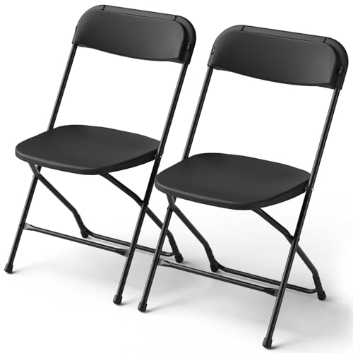 MAKE CHANGES Folding Chairs 2 Pack, Plastic Folding Chairs for Outside, Heavy Duty Foldable Chairs, Sturdy Metal Folding Chairs, 350 lbs Capacity, for Patio, Garden, Camping, Black