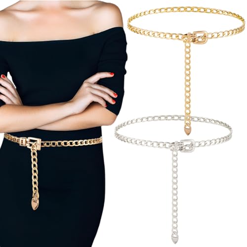 JYNVO 2 piezas Cinturón fino de metal para mujer,con hebilla de metal, cadena ajustable para vestidos (dorado y plateado).