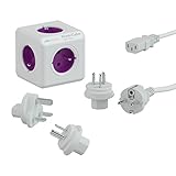 Allocacoc PowerCube ReWirable Travel Plugs + Cable, Ladrón Multiple de Viaje con 5 enchufes/Tomas de Corriente en Forma de Cubo