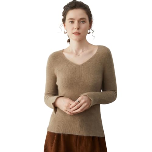 YuanDiann Maglione da donna in cashmere con scollo a V, per autunno e inverno, 35% cashmere + 65% lana, morbido, delicato sulla pelle, caldo, elegante, in cashmere, cammello, S