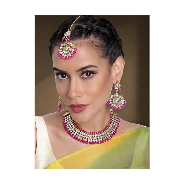 Peora Gold Plated White Pearl Kundan Choker Necklace with Earring Maang Tikka Traditional Jewellery Set for Women - Image 4
