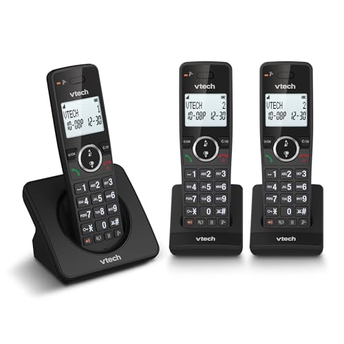 VTech ES2002 DECT Cordless Phone with Nuisance Call Blocker Easy-to-Read Backlit Display ECO Mode Landline Phone with 18 Hours Talk-time Volume Booster Handsfree Speakerphone Speed Dial Trio Handset