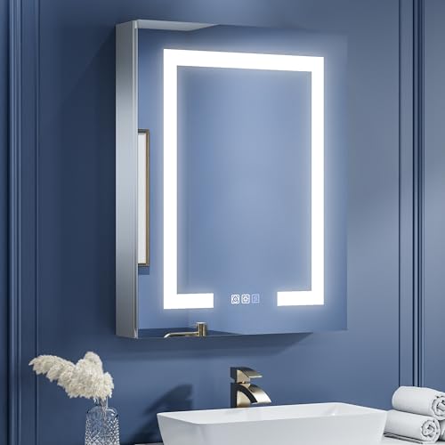 ExBrite LED Lighted Bathroom Medicine Cabinet with Mirror, 24 x 30 Inch, Recessed or Surface Mount, Anti-Fog, Stepless Dimming, Color Temperature Adjustment, 2 Outlets, Storage Shelves, Right Hinge