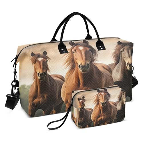 Weekender Bags for Women,Foldable Horse Travel Duffel Bag with Trolley Sleeve Travel Tote Gym Bag with Toiletry Bag