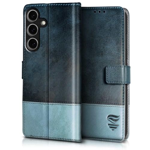 Image of FLIPPED Vegan Leather Flip Case Back Cover for Samsung Galaxy S25 5G (Flexible, Shock Proof | Hand Stitched Leather Finish | Card Pockets Wallet & Stand | Blue with Aquamarine)