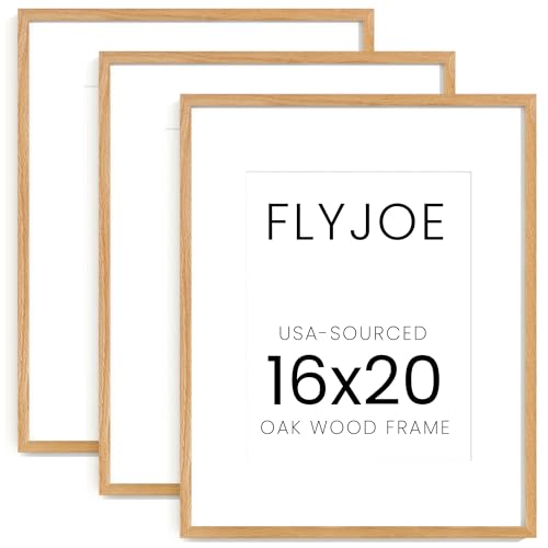 Image of FLYJOE 16x20 Oak Wood Picture Frame with Mat for 11x14, 16 by 20 USA-Sourced Natural Solid Wooden Poster Frame for Wall Display, Tempered Real Glass, Hanging Hardware Included, 3 Pack, Natural