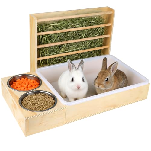 Mangeoire à foin 3 en 1 pour lapin avec bac à litière et bols - Station d'alimentation en bois avec support à foin - Distributeur de nourriture pour lapin...