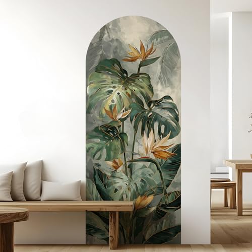 Image of PAPER PLANE DESIGN Tropical Arch Wall Mural - Peel & Stick Banana Leaf & Bird of Paradise Wallpaper - Waterproof Self Adhesive Canvas Texture for Bedroom, Living Room & Entryway, 6ft x 2.5ft (B)
