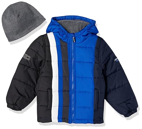 Image of LONDON FOG Boys' Toddler Color Blocked Winter Puffer Jacket with Hat