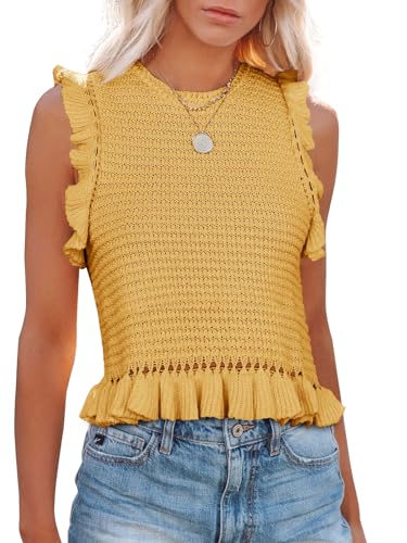 PiePieBuy Women's Summer Knit Tank Tops Crew Neck Sleeveless Cami Shirts Tees Ruffle Sweater Vest