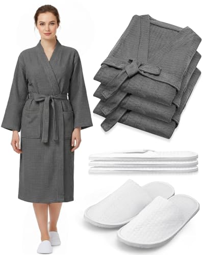 Image of Jecery Waffle Bathrobe and Slippers Bulk Set Spa Robes Hotel Bath Lightweight Thin Commercial Soft for House Shower Party