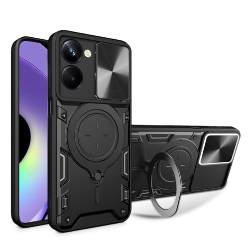 JayModCase Funda para OPPO Realme 10 Pro 5G Carcasa Cubierta de Cámara Deslizante Soporte de Anillo Giratorio 360° Metálico Protección Militar Antigolpes Bumper Case for Realme 10 Pro 5G - Negro