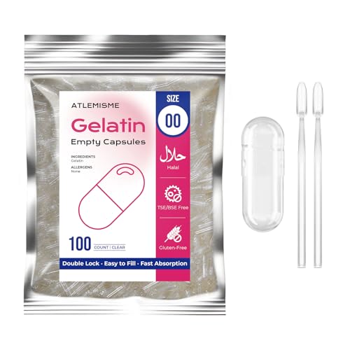 ATLEMISME Empty Gelatin Capsules Size 00 - (100 Count) DIY Gelatin Capsule Filling - with 2 Micro Lab Spoons for Capsule Filling