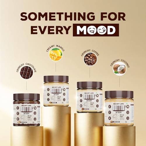 Image of BeastLife Crunch & Cream Peanut Butter Combo Box - 4 Flavors (Mango, Coconut, Coffee, Chocolate) | 24.5 G Protein | 350 gm Each | 100% Peanuts, High Protein | Zero Palm Oil | Non‑GMO Nut Butter | Fitness-Friendly Spread | Zero Cholesterol