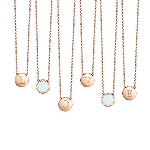 CIUNOFOR Rose Gold Plated Alphabet Opal Pendant Necklace Round Disc Initial Necklace Engraved Letter Necklace with Adjustable Chain Pendant Enhancers for Women and Girls Fashion Style Jewerly2