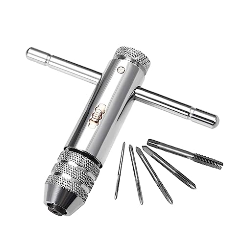 Image of SHINEOFI Adjustable T-Handle Ratchet Tap Wrench, Steel, Silver, Reversible Hand Tool for Small Tools and Drill Threading, Home and Car Bike Maintenance
