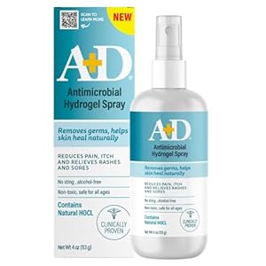 A+D Antimicrobial Hydrogel Spray – with Hypochlorous Acid, Removes Germs, Helps Heal Rashes & Irritations, Reduces Itch & Pain, Alcohol-Free, Non-Sting Formula, Safe for All Ages, 4oz
