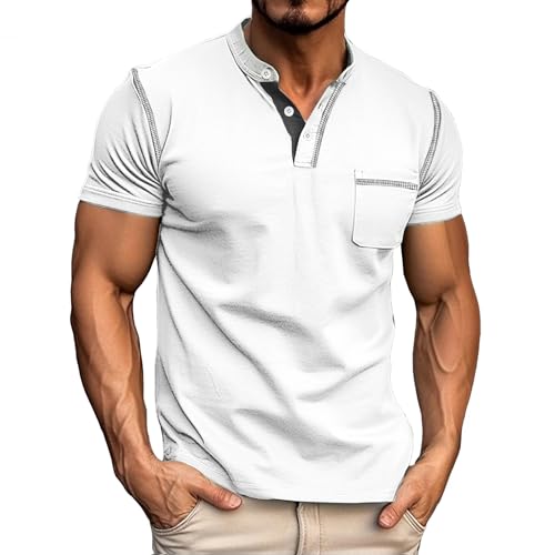 Donason Herren Henley Shirt Sommer Kurzarm Knopf T-Shirt mit Brusttasche und Grandad-Ausschnitt Kurzarmshirt Casual Basic Tops Tshirt für Männer