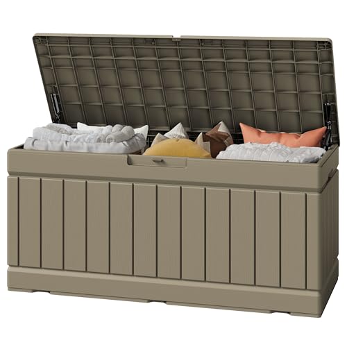 Image of Greesum Outdoor Storage Box 82 Gallon Storage Bin with Lid for Patio Furniture, Garden Tools, Pool Supplies, Waterproof and UV Resistant, Lockable, Coffee