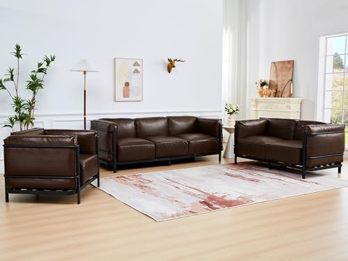 Image of 3 Piece Living Room Sofa set, Mid-Century Modern Upholstered Couch Chair Faux Leather Sofa Couch with Iron Frame and Upholstered Armrest Backrest Cushion for Living Room, Office, Apartment (Brown)