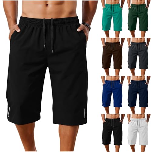 3/4 Hosen Herren Sommer Sport Shorts Dreiviertel Sporthose Leichte Sommerhosen Bermuda Shorts Kurze Jogginghose Laufshorts Männer Trainingsshorts Freizeithose Strandhose Schwarz XXL