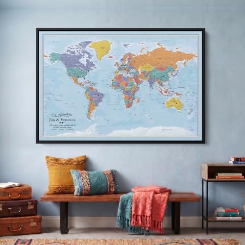 Image of Blue Oceans World Push Pin Map Canvas - Personalized Travel Gift - Framed Wall Decor - Black Float Frame - 30 inch x 45 inch