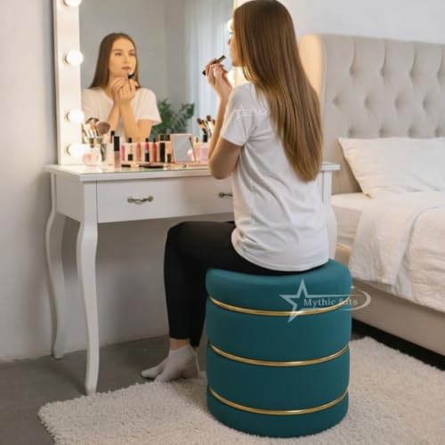 Image of Wooden Puffy Round Footstool and Ottoman Stool for Living Room Furnishings, Sitting Pouffe Ottoman Stool, Office Stool, and Room Decor Aqua