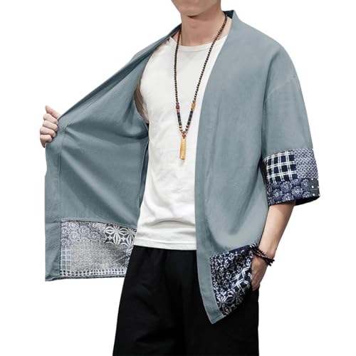 Image of PRIJOUHE Men's Kimono Jackets Cardigan Lightweight Casual Cotton Blends Linen Seven Sleeves Open Front Coat Outwear