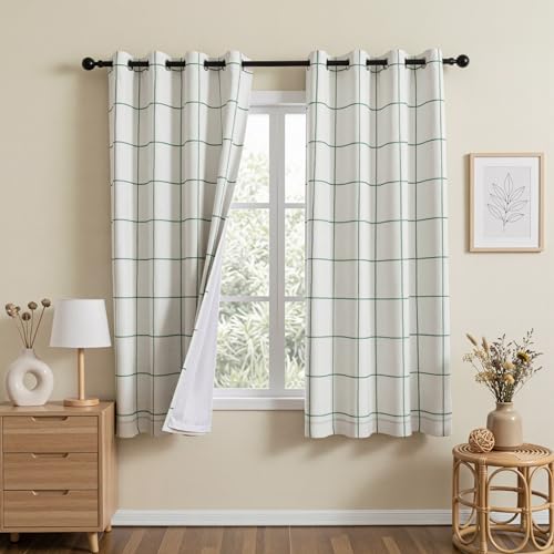 Image of MYSKY HOME 100% Blackout Green Plaid Linen Farmhouse Curtains 72 Inches Long 2 Panels Set Double Layer Thermal Insulated Checkered Patterned Drapes for Living /Dining Room, 2 Pcs, W52 Each Panel