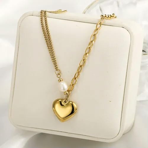 Collier cœur or 18k anti-ternissement chaîne perle acier inoxydable