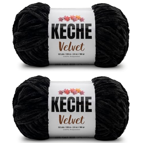 Image of Keche Velvet Yarn for Crocheting, Soft Chenille Bulky Baby Blanket Amigurumi Yarn 2x100 gr (2x132 yds) (2 Skeins) Black