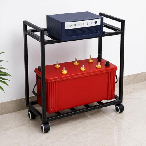 Image of Niyara Heavy-Duty Metal Inverter Trolley Stand with Wheels - Black, Portable & Durable | Multi-Purpose Battery Stand with Upper Tray & Lower Rack