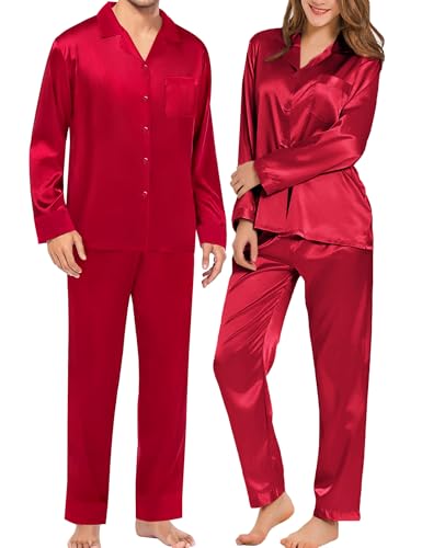 SWOMOG Men Pajamas Matching Pajamas Set Silk Satin Women Pj Set Long Sleeve Button Down Sleepwear 2 Pcs Loungewear Red Large