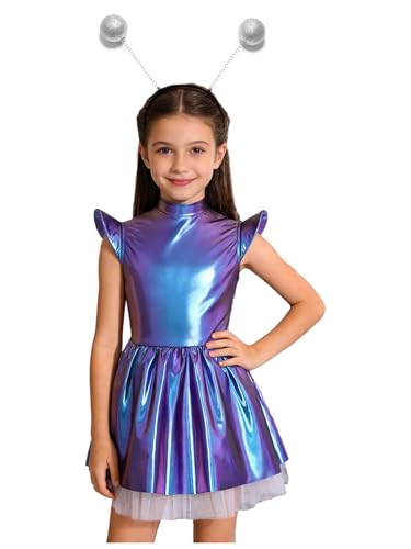 YONGHS Outer Space Alien Outfits for Girls Metallic Dance Dress with Headband for Future World Party Colorful Silver 8 Years