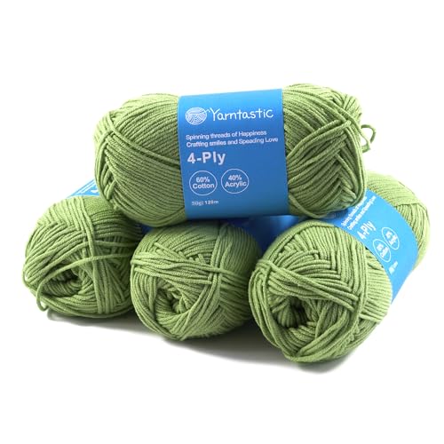 Yarntastic 50g x 4 Balls in a Pack, 4 Ply Cotton Acrylic Blended Yarn, 43 Colour Choices; for Knitting, Crochet, Amigurumi, Turfing; for Baby Blanket, Clothing and Many Other Projects (Green 25)
