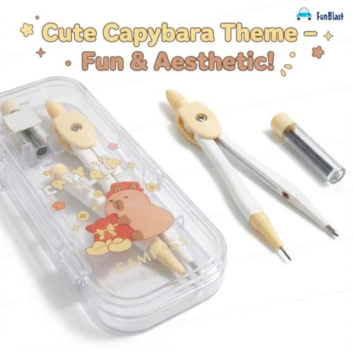 Image of FunBlast Capybara Theme Compass Set - 2 Pcs Mini Transparent Geometry Box with Compasses and Pencil Nib, Math Geometry Kit for Student & Professional (Brown-)