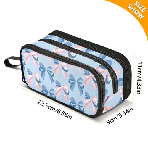 Image of ALAZA Pink Bow Blue Pattern Pencil Case Large Capacity Pencil Pouch Box Boys Girls School Supplies Pen Case Bag with Handle 3 Compartments Zipper