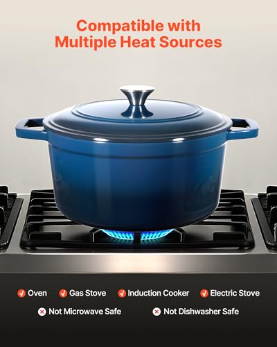 VEVOR Forno Olandese in Ghisa Smaltata, Pentola da 5,7 l con Coperchio e Doppi Manici, Pentola Durevole, Compatibile con Forni a Induzione Fino a 260 ℃, per Brasare, Stufati, Arrostire, Blu - immagine 5