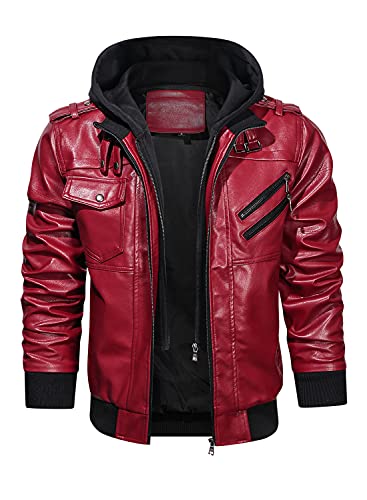 Image of HOOD CREW Men's Casual Stand Collar PU Faux Leather Zip-Up Motorcycle Bomber Jacket With a Removable Hood