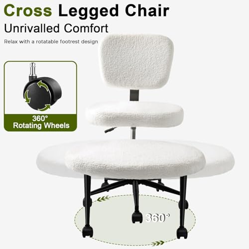 Image of Waleaf Ergonomic Cross Legged Office Chair, ADHD Chair for Adults, Height Adjustable Meditation Chair with Wheels, Teddy Fabric Yoga Kneeling Chairs with Comfortable Back Support (White)