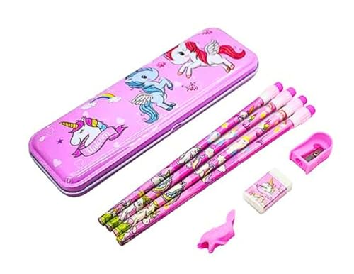 Image of Kidox Stationery Set for Kids- Birthday Gift for Girls, Boys - Metal Geometry Box for Girls & Boys Kids Pencil Box Set, Pencil Case Set, Pencil, Erasers, Sharpener for Children (Unicorn)