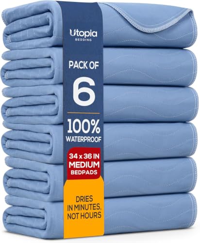 Image of 6 Pack Waterproof Reusable Heavy Absorbency Incontinence Bed Pads 34 inchx36 inch | Utopia Bedding Washable Underpads, Chuck Pads for Adults, Kids, Elderly and Pets, Bedwetting Pads for Sofa and Couch, Blue