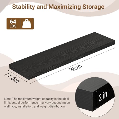 Image of 36 Inch Floating Shelves, 12 Inch Deep Floating Shelves for Wall, Extra Deeper & Thicker Wooden Wall Shelf with Invisible Brackets, Shelf for Bedroom Home Decor(Black, Set of 2)