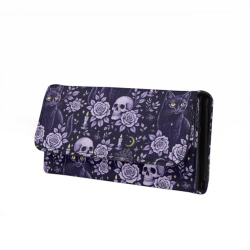 Image of AFPANQZ Halloween Womens Wallets Leather Trifold Multi Card Holder Wallet | Purple Skull Rose Print Card Holder Phone Organizer Ladies Travel Purse Hollow Out