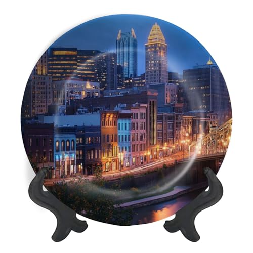 Decorative Plates for Display Cityscape Pittsburgh Evening Light Fort Pitt Bridge Blurry Ferry Gift Plates Ceramic Collections Plates Hanging Artwork for Living Dining Room Kitchen Souvenir