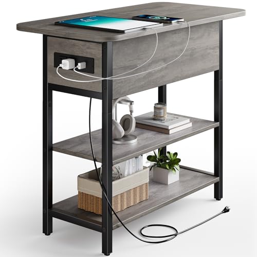 Image of Yoobure End Table with Charging Station, Flip Top Side Table with USB Ports and Outlets, Sofa Couch Table Bedside Table for Living Room Bedroom, Narrow Nightstand with Shelves for Small Space Gray