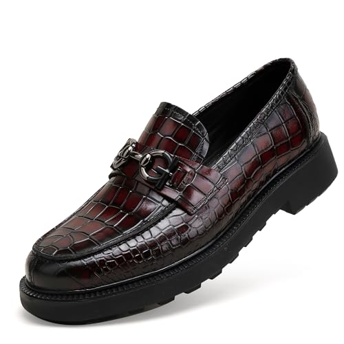 Premium Mens Leather Dress Shoes, Classic Casual Crocodile Printed Business Buckle Dress Slip on Penny Loafer Party Wedding Shoes for Mens