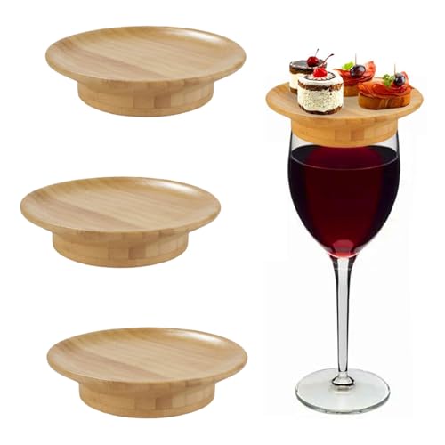 LINGJIA 3 Stück Wine Glass Topper Appetizer Plates Set, Charcuterie Topper Bamboo,Wooden Wine Glass Toppers, Charcuterie Cup, um Fliegen Mücken zu Verhindern, Party Abendessen Lieferungen