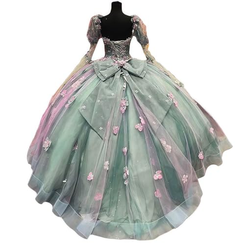 Dydsz Women's Sparkly Tulle Flowers Quinceanera Dresses with Sleeves Long Prom Dress Bow Sweet 16 Dresses Puffy Ball Gown - Image 3